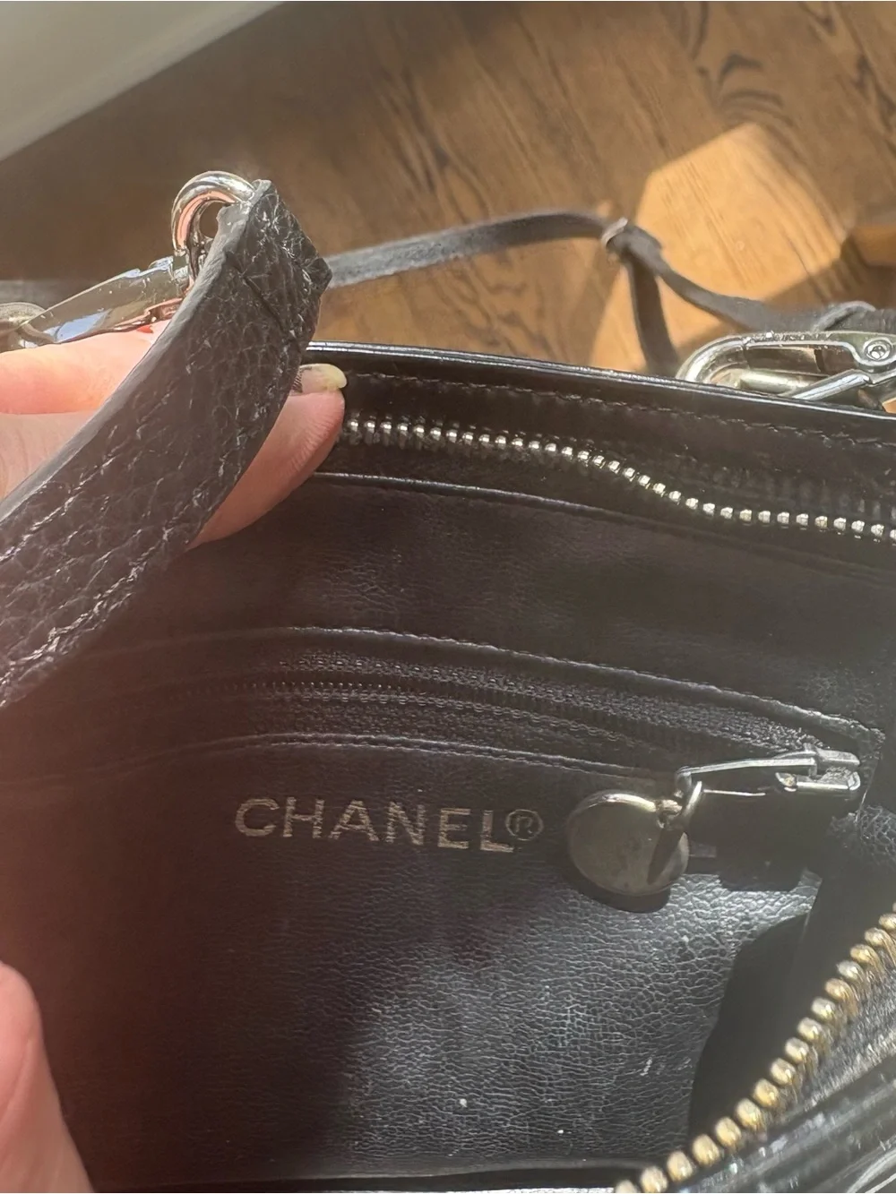CHANEL Black Patent Leather CC Logo Converted Belt to Crossbody Bag